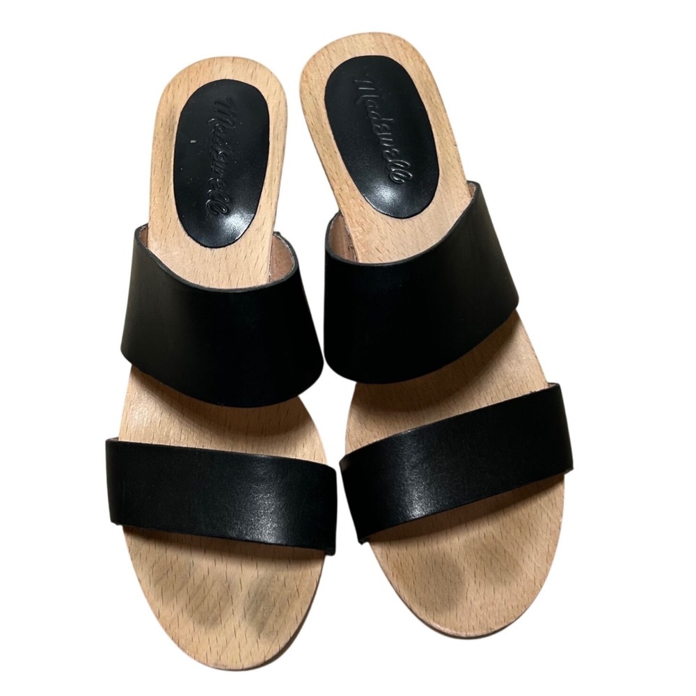 Madewell Black Leather Two-Strap Wooden Block Heel Clog Sandals Size 8 minimal